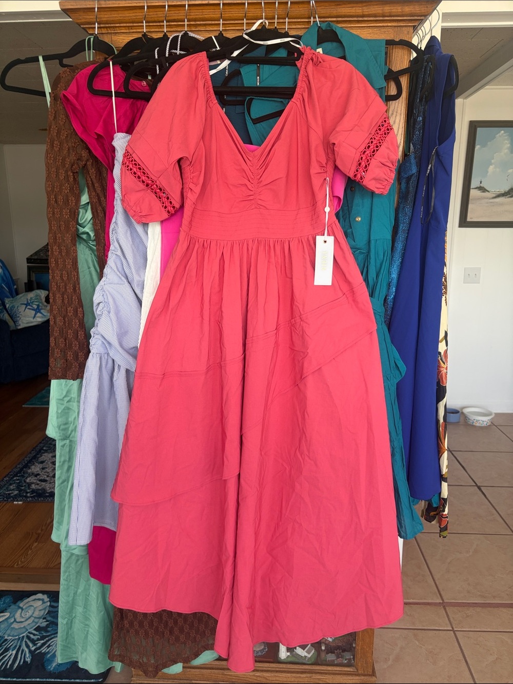 SPANNER Coral-Pink Midi Dress with Puff Sleeves
